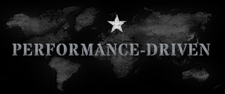 A black and white image of the words performance-driven.
