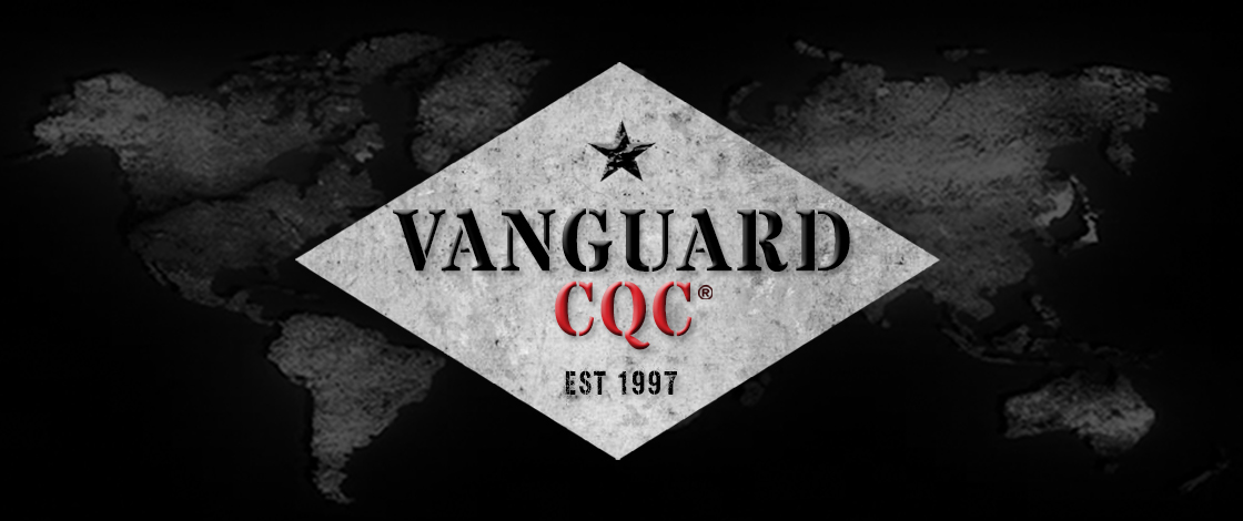A black and white logo of vanguard cqc