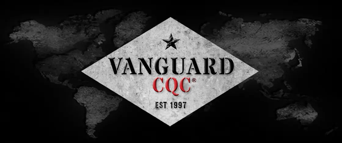 A black and white picture of the vanguard cqc logo.