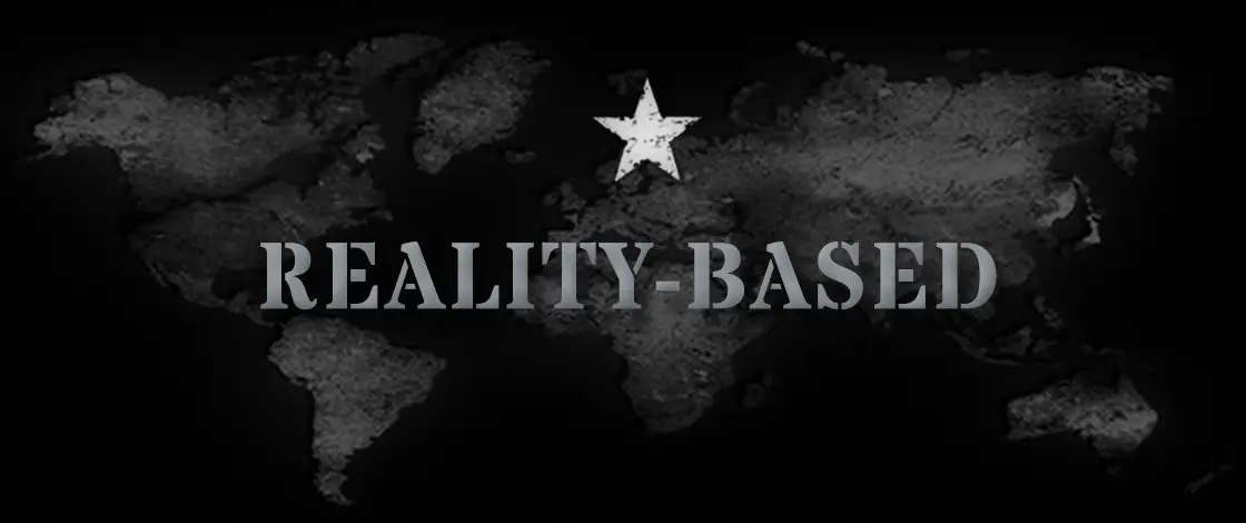 A black and white image of the words reality-based.